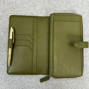 Levenger Wallet Organizer Olive Green Leather Zip Around Business Pen OS NIB